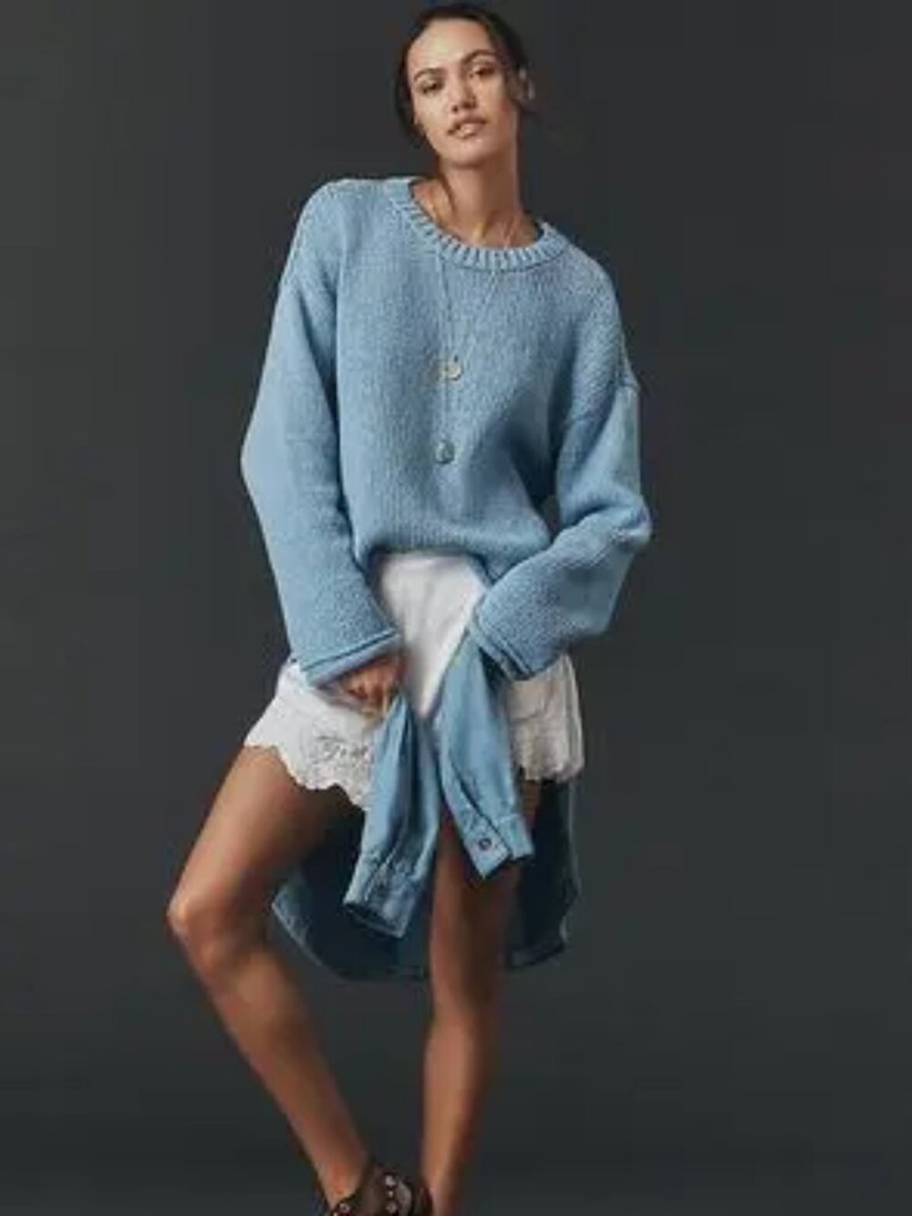 Pilcro Harlow Oversized Roll-Hem Sweater In Baby Blue Anthropologie XS - Picture 2 of 10